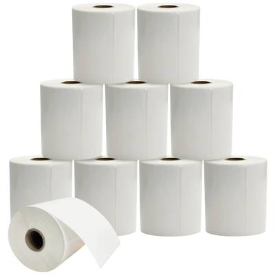 Nine white paper rolls stacked on top of each other, with an additional unrolled roll in the foreground.