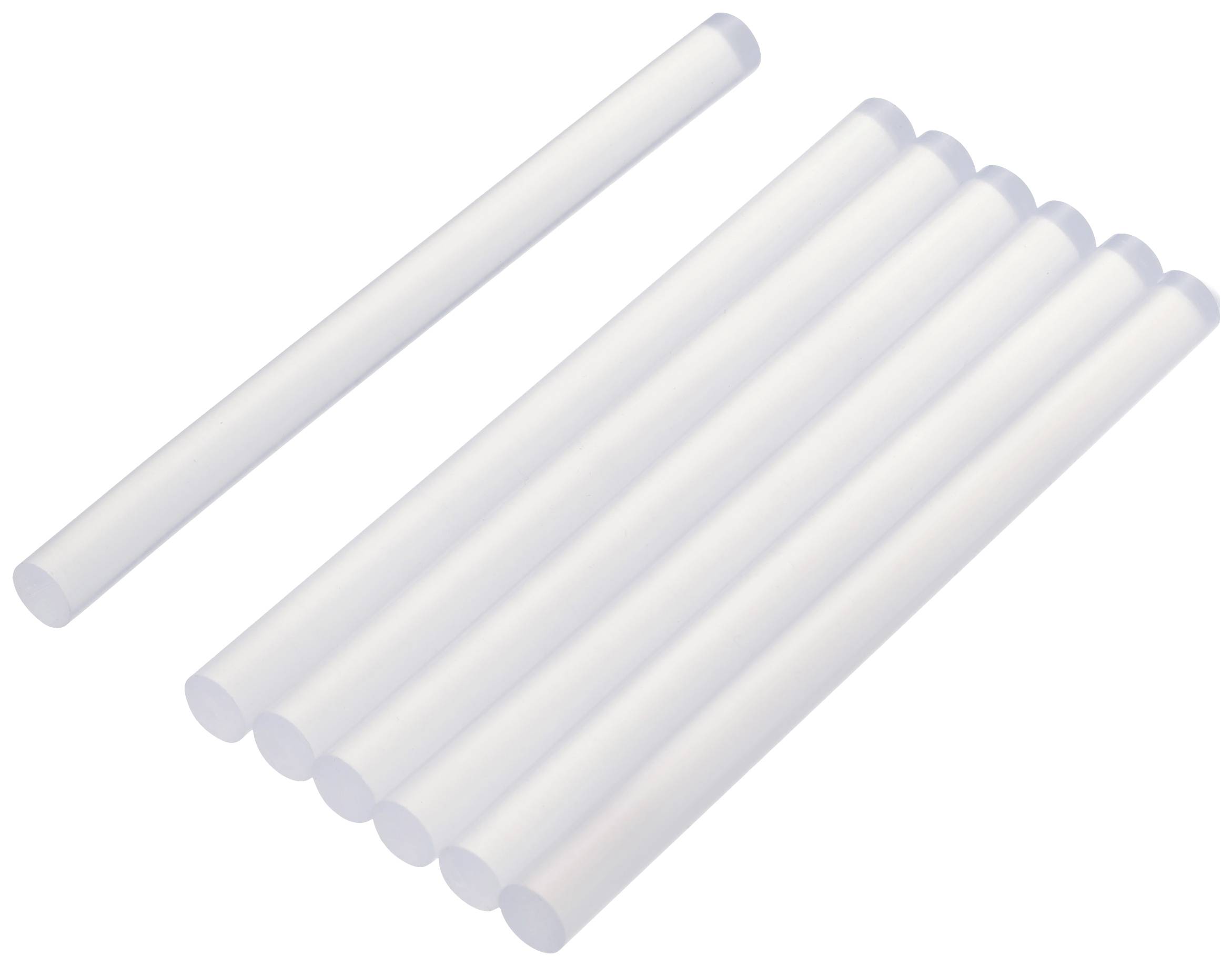 Eight transparent hot glue sticks, seven lying side by side, one separate. Primarily for use in hot glue guns.
