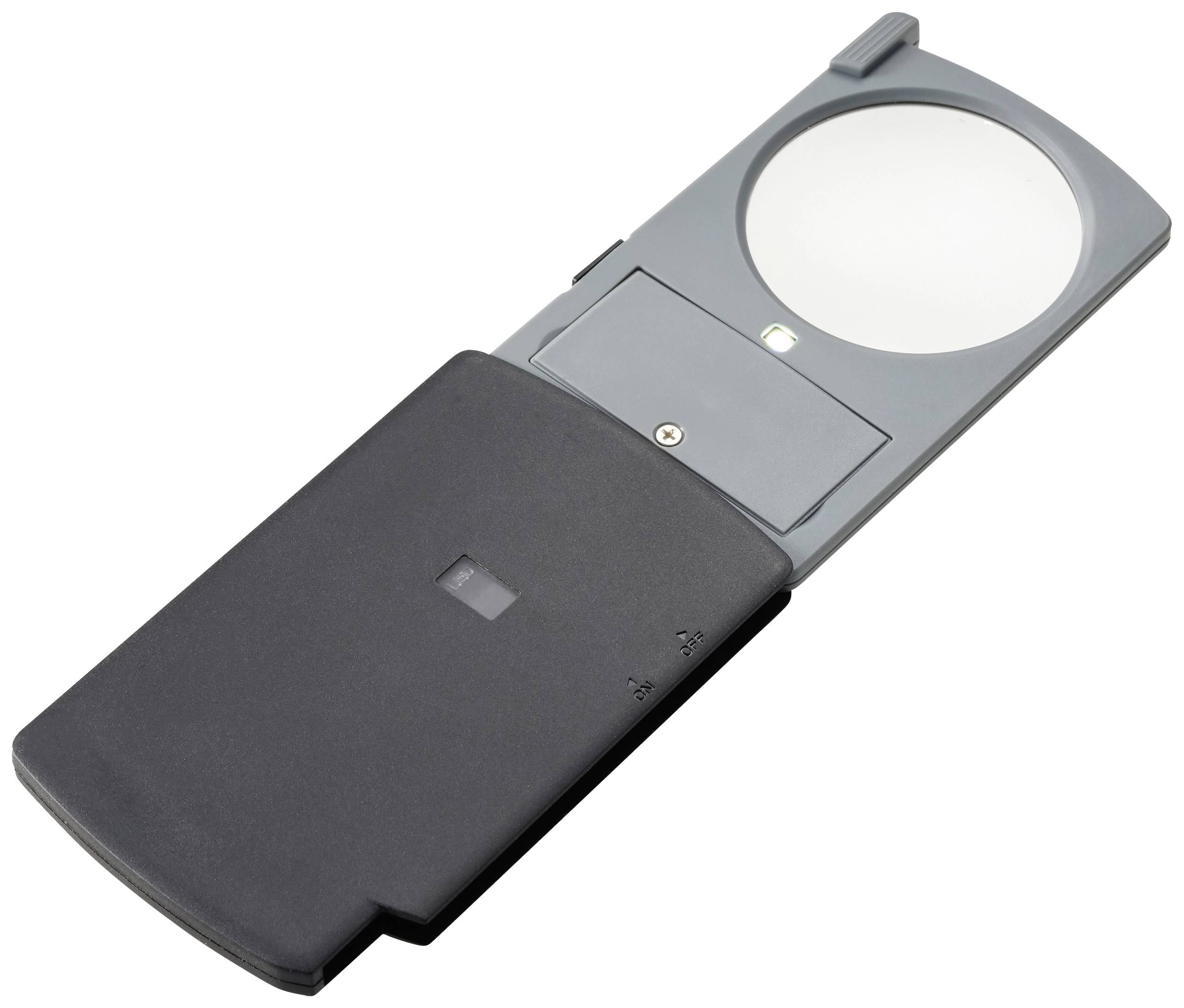 Grey reading magnifier with built-in light, unfolded. Suitable for magnifying texts or details when visual acuity is limited.