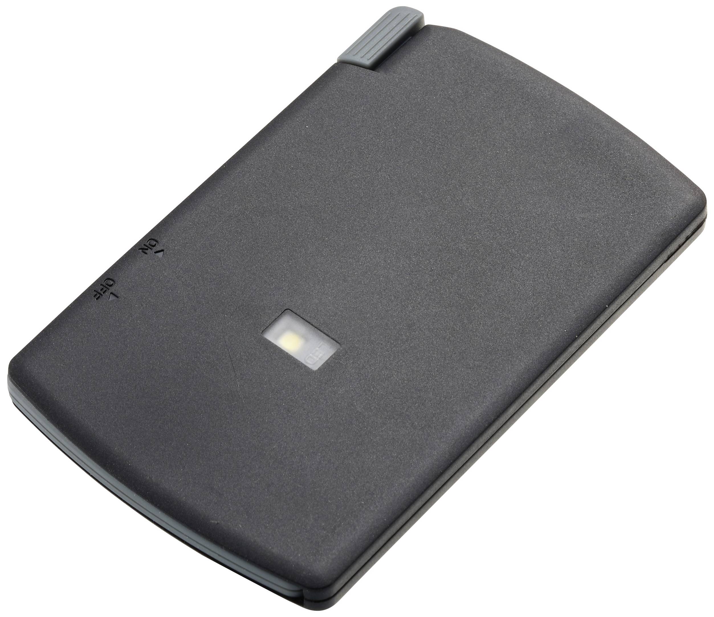 A compact, black card light with a single LED and a slide switch at the top for turning on and off.