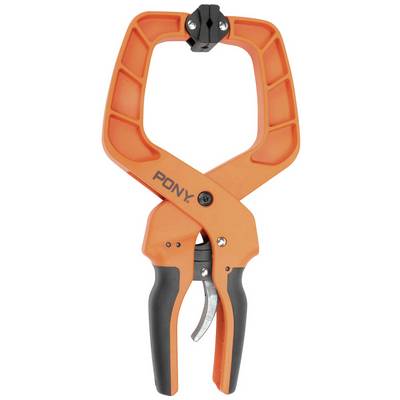 An orange clamp with 'PONY' printed on it. It has ergonomic handles and a black adjustable mechanism.