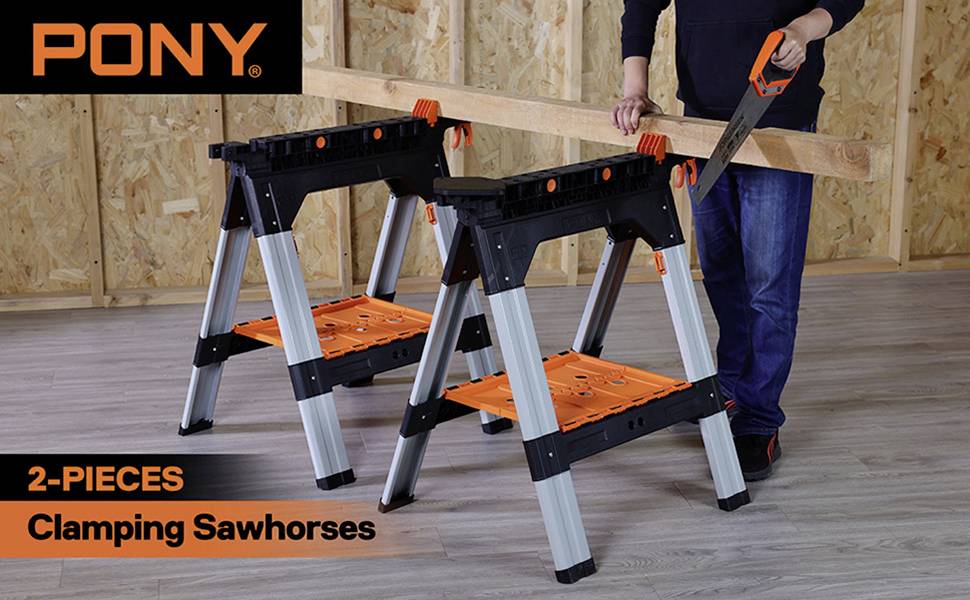 Two black and orange sawhorse supports from Pony, described as '2-Piece Clamping Sawhorses'. A person is sawing a wooden board on them.
