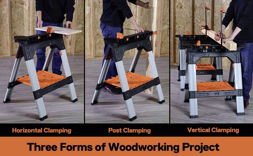 'Three forms of the wood project: Horizontal clamps, Post clamps, Vertical clamps. Each demonstrated on a workbench.'