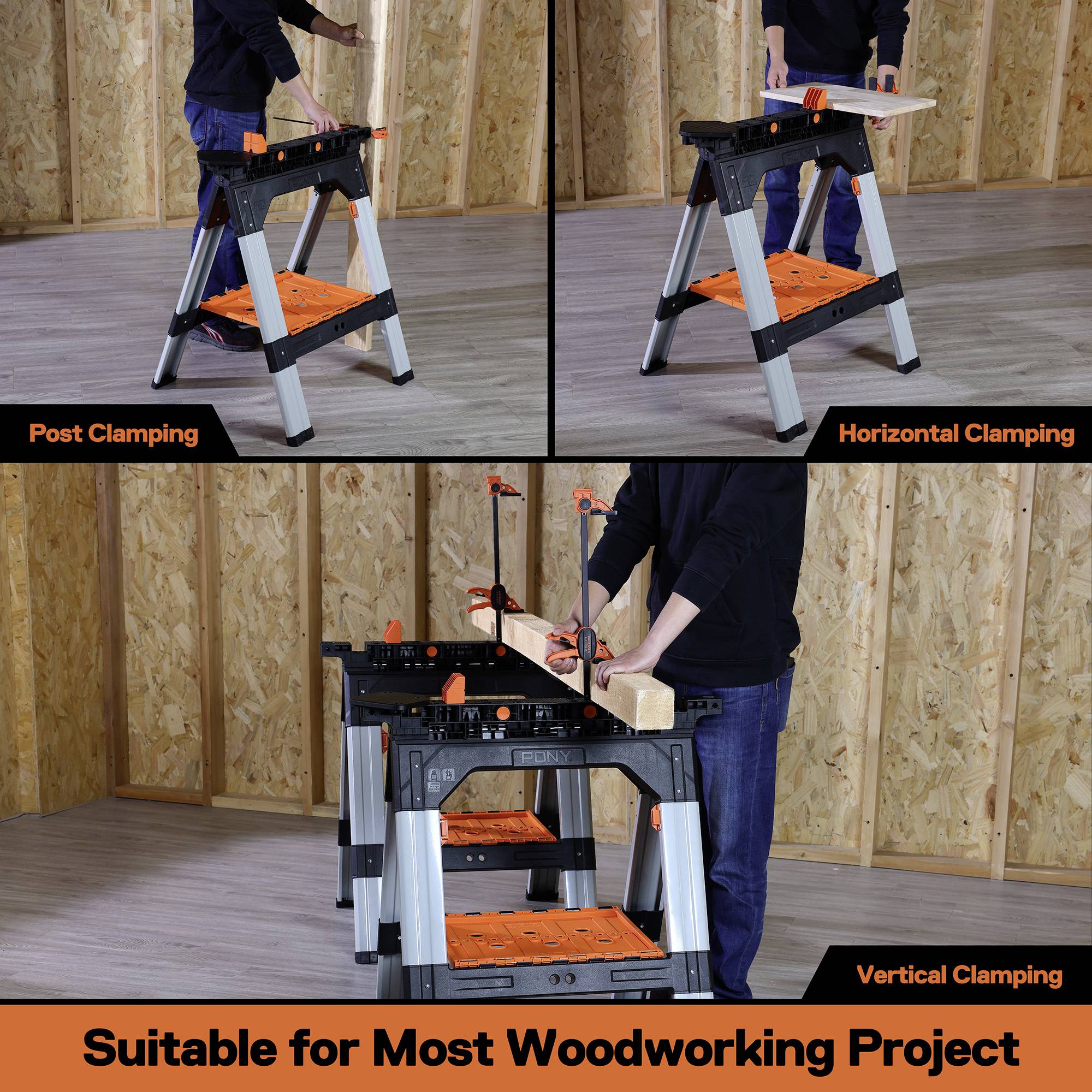 'Two scenes of an ergonomic workbench system: top left with vertical clamp, top right with horizontal clamp. Text below: Suitable for most woodworking tasks.'