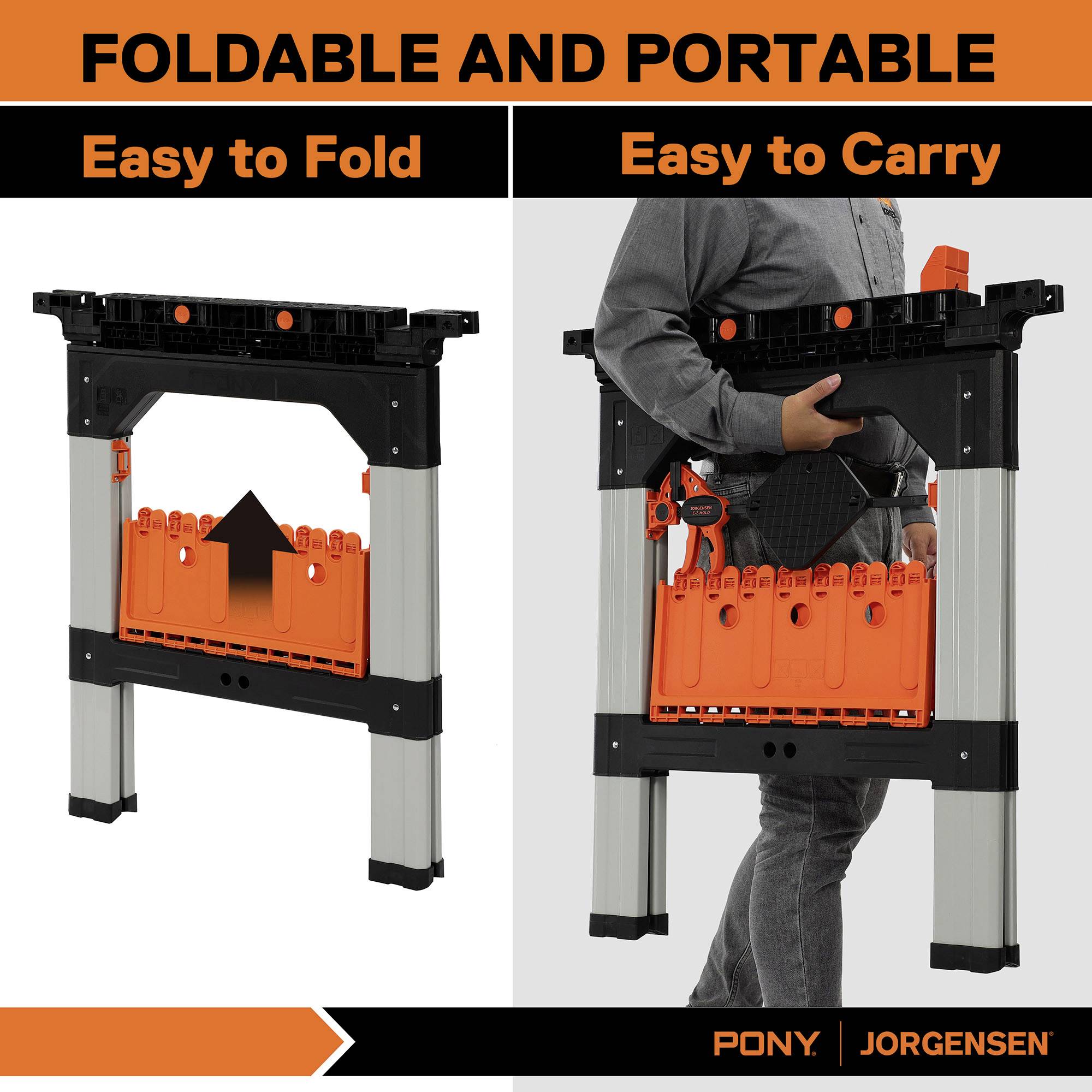 A portable and foldable work table is shown, which is easy to fold and carry. Two images demonstrate the functions.