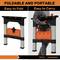 A portable and foldable work table is shown, which is easy to fold and carry. Two images demonstrate the functions.
