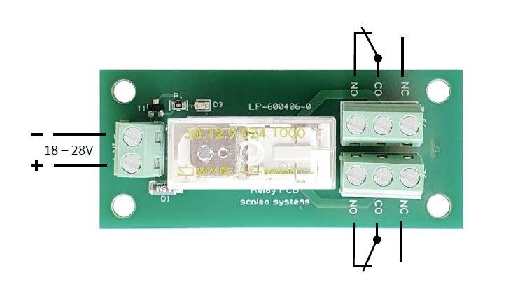 'Relay card with green printed circuit board, connections for 18-28V, and open and closed circuit contacts shown.'
