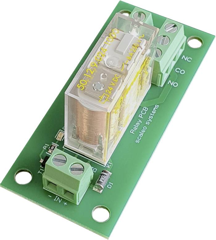A green printed circuit board with a transparent relay in the centre, displaying '50.12' and '24 VDC'. It has green terminal blocks at both ends.