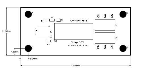 'Circuit diagram of a printed circuit board with dimensions 72.88 mm x 31.5 mm. Shows two rectangular components, four round mounting points and connections CN1, CN2.'