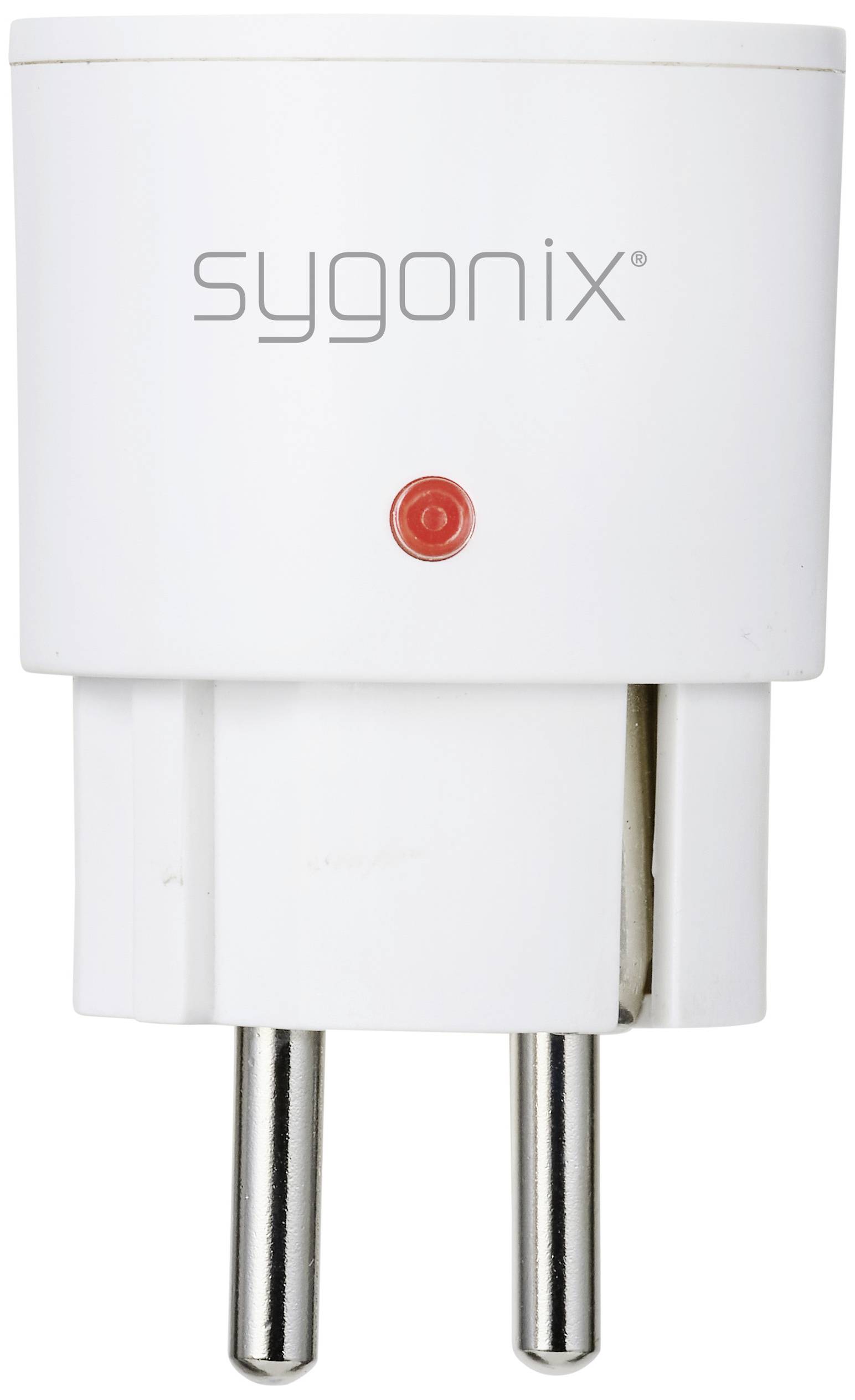 A white, round socket adapter with 'sygonix' printed on it and a red LED status light.