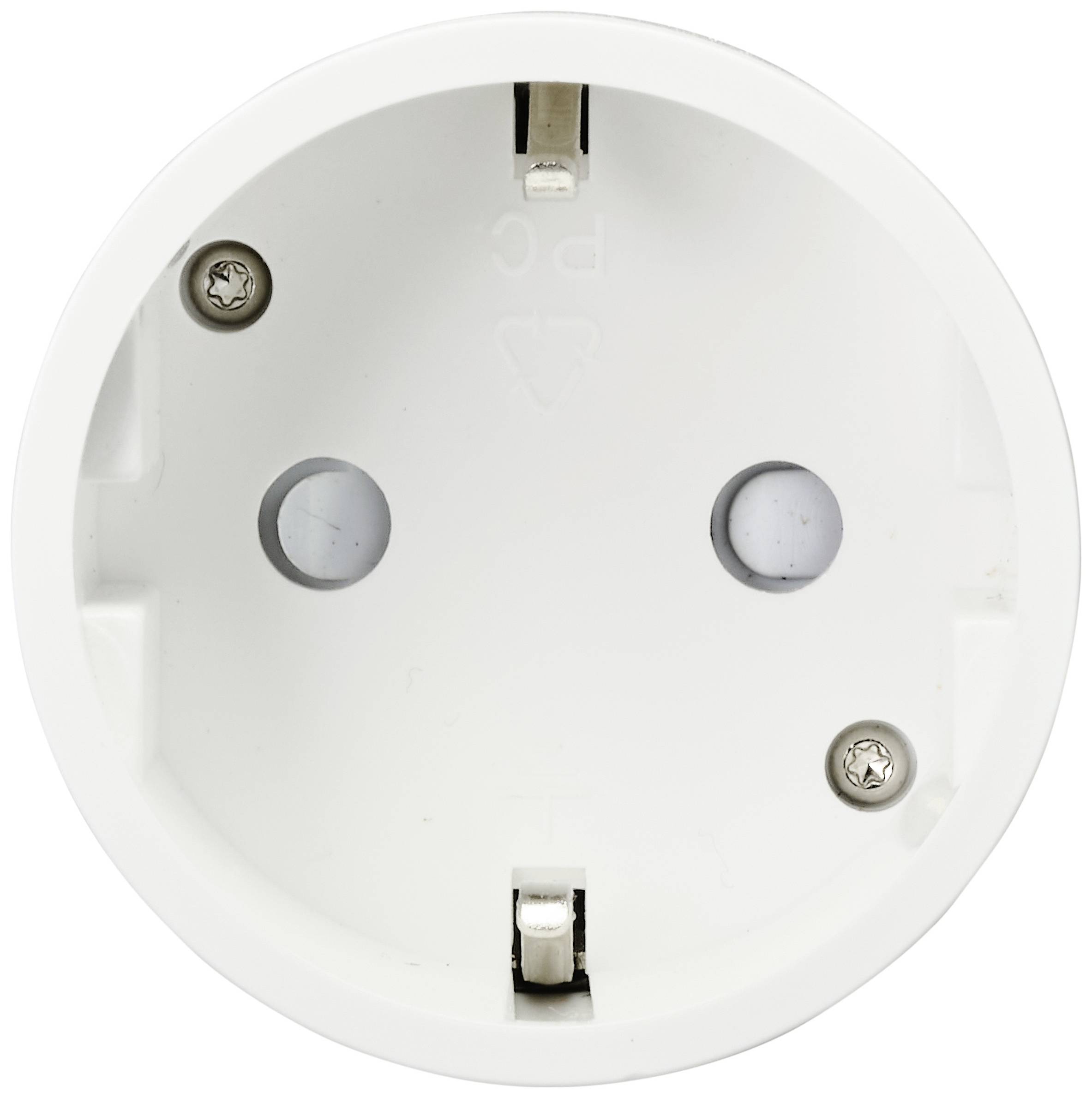 White socket with two mounting screws inside and contacts for a two-pin plug.