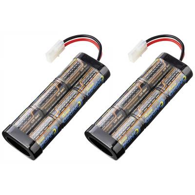 Two rechargeable NiMH battery packs, each comprising six AA batteries, connected by a cable with a white plug.