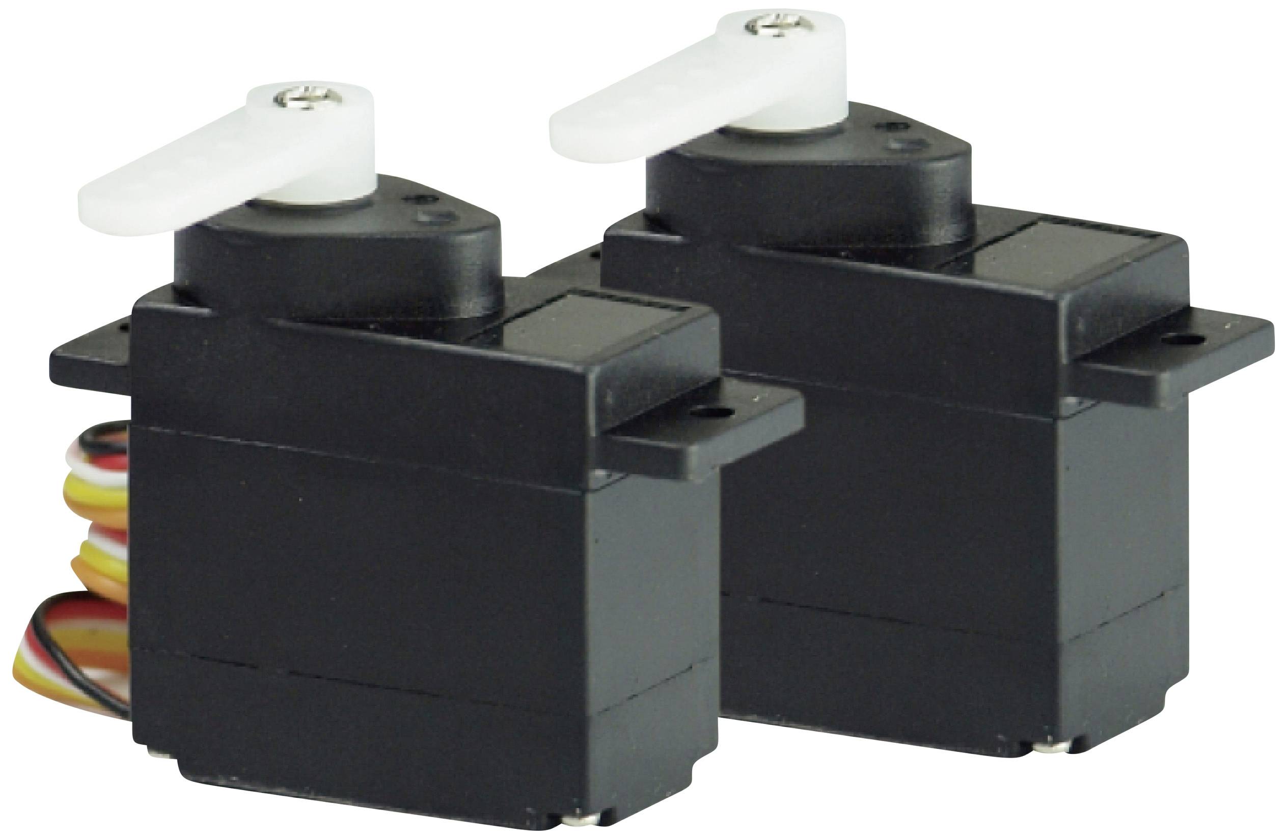 Two black servo motors with plastic levers and cables for controlling machines or robots.