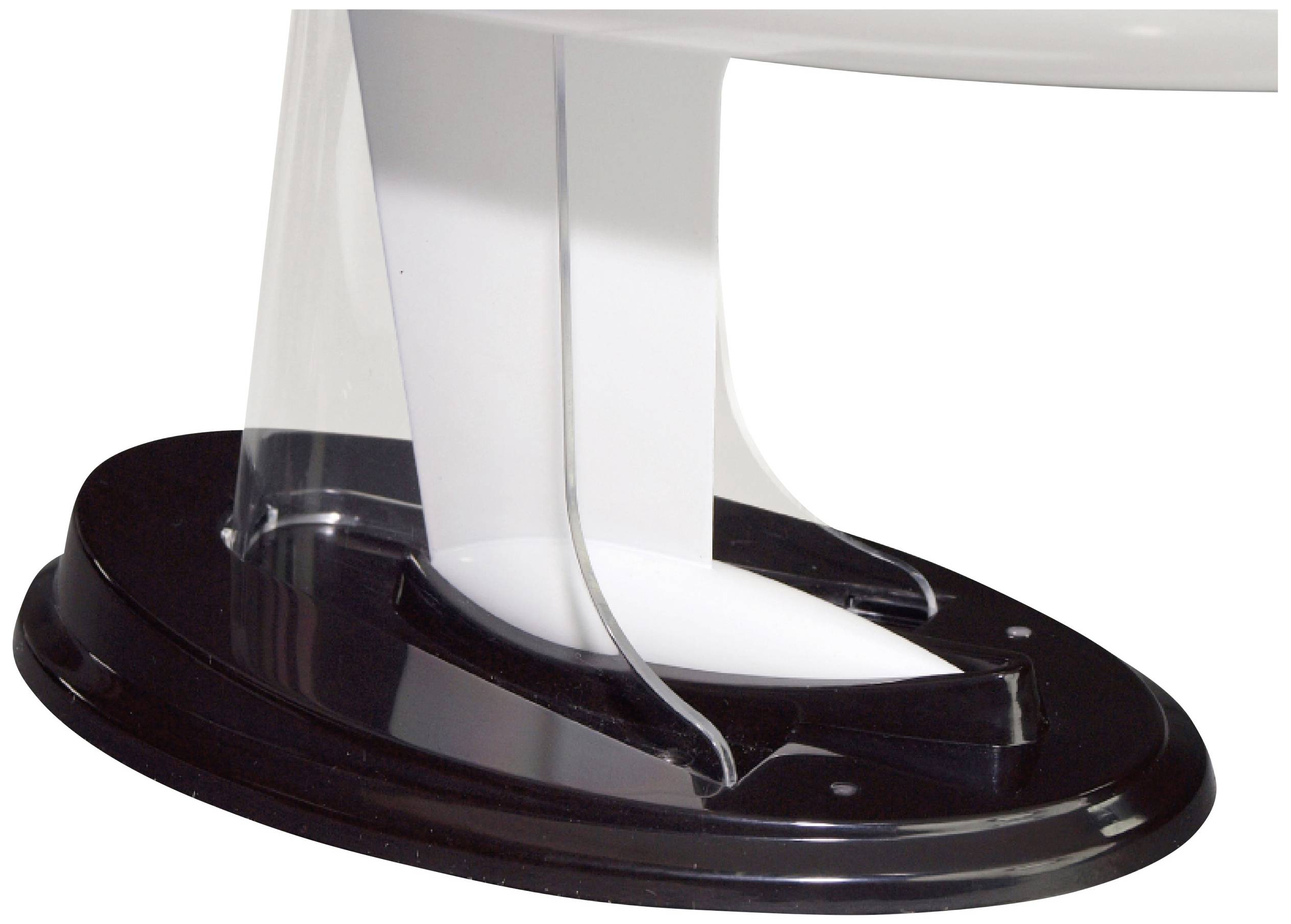 Underside of a black and white chair with clear plastic components; design demonstrates modern, sleek lines and structure.