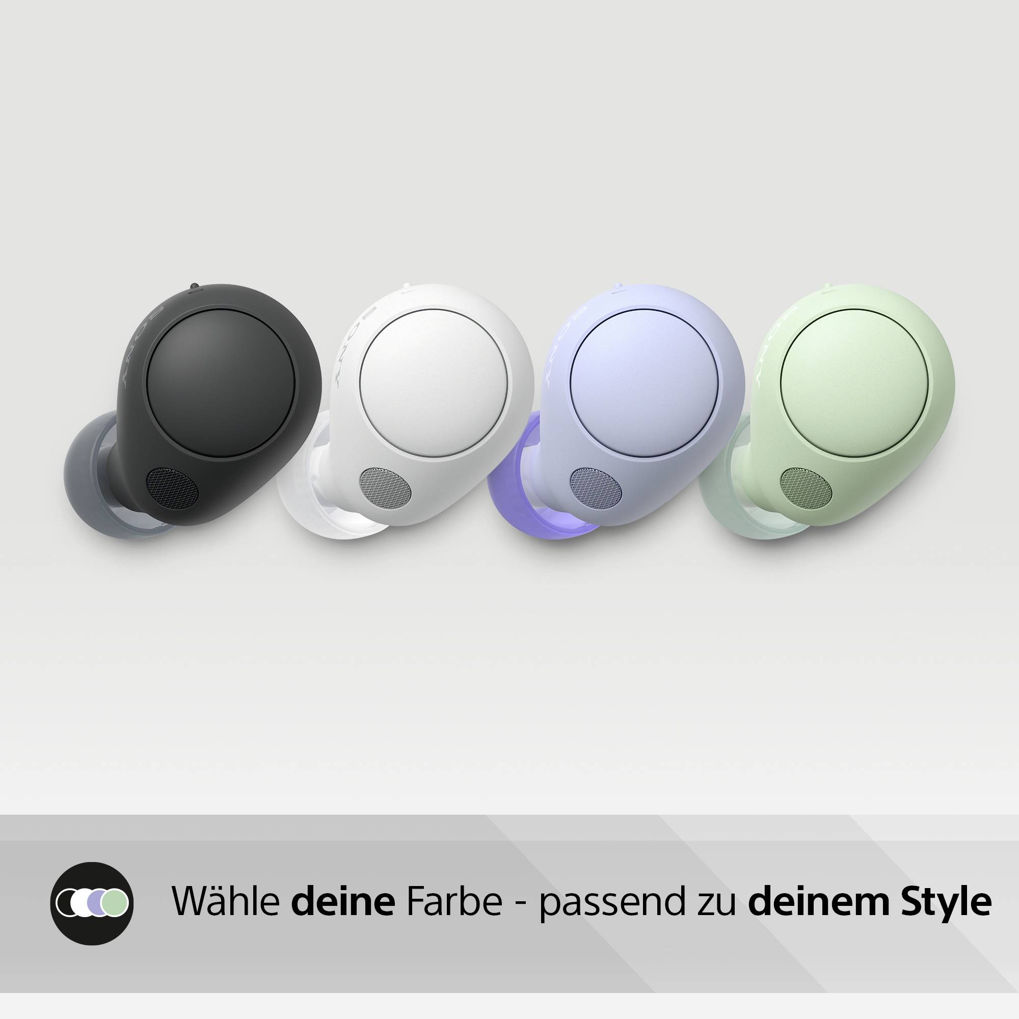 Four wireless earbuds in black, white, blue and green positioned side by side. Text underneath: 'Choose your colour - to match your style'.