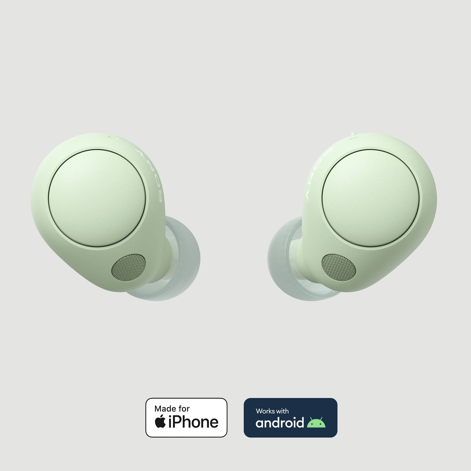 Two green wireless earbuds are shown. Below are the 'Made for iPhone' and 'Works with Android' logos, indicating compatibility.