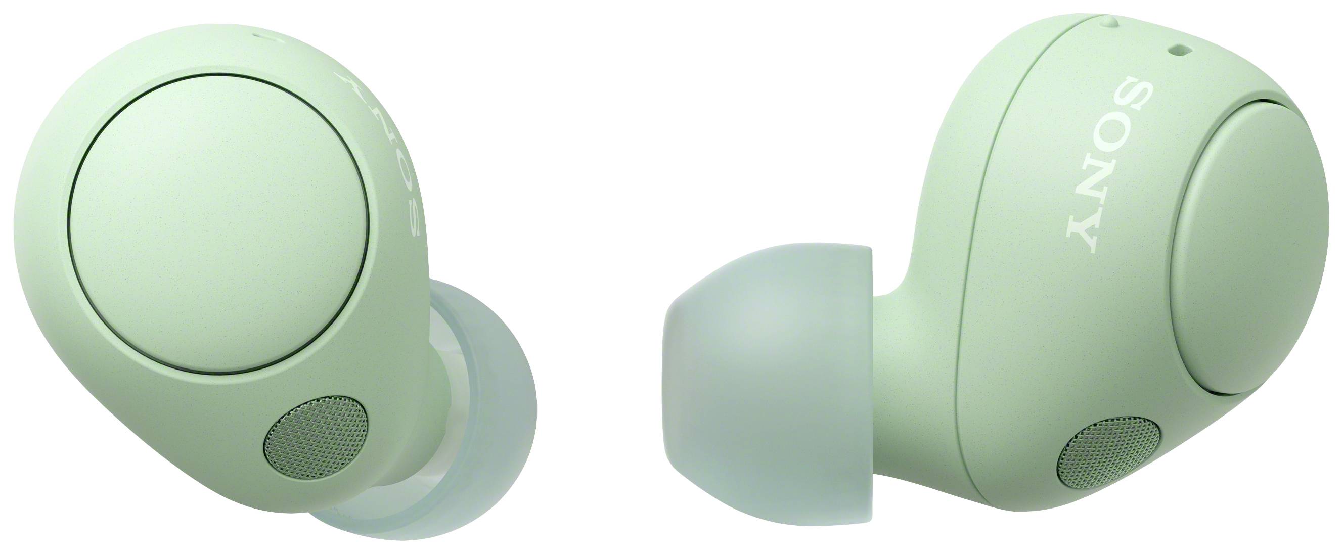 Two mint green wireless in-ear headphones with the Sony logo, microphone, and silicone ear tips. Perfect for listening to music on the go.