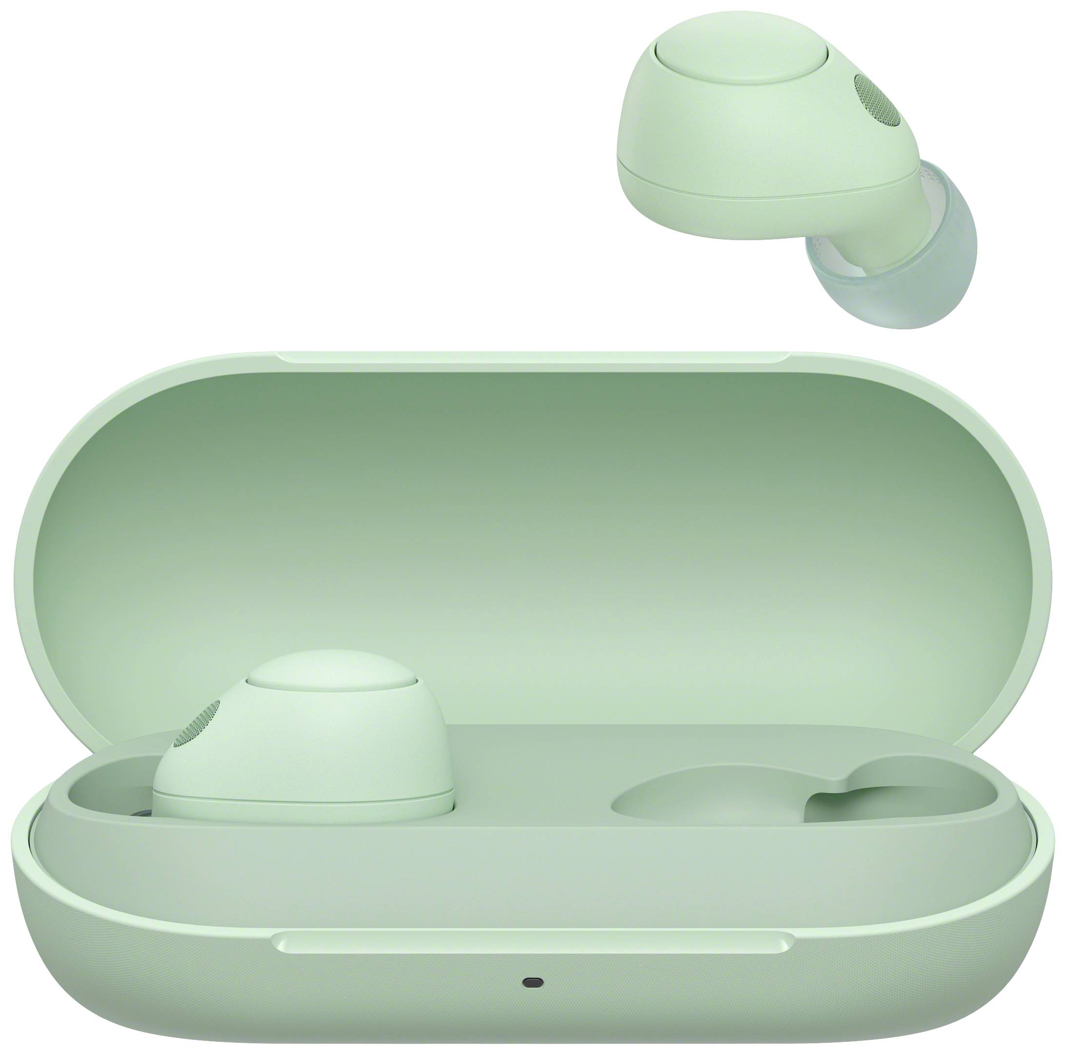 Green wireless in-ear headphones in an open charging case. A single earbud is shown above.