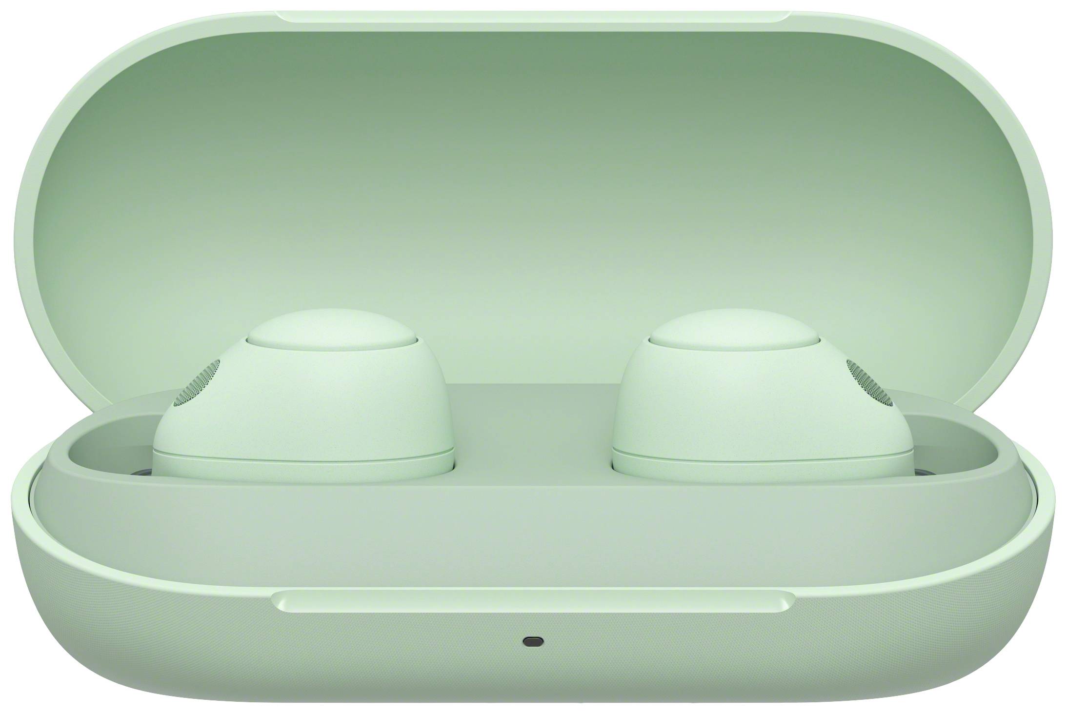 Mint green, wireless earbuds in an open charging case.