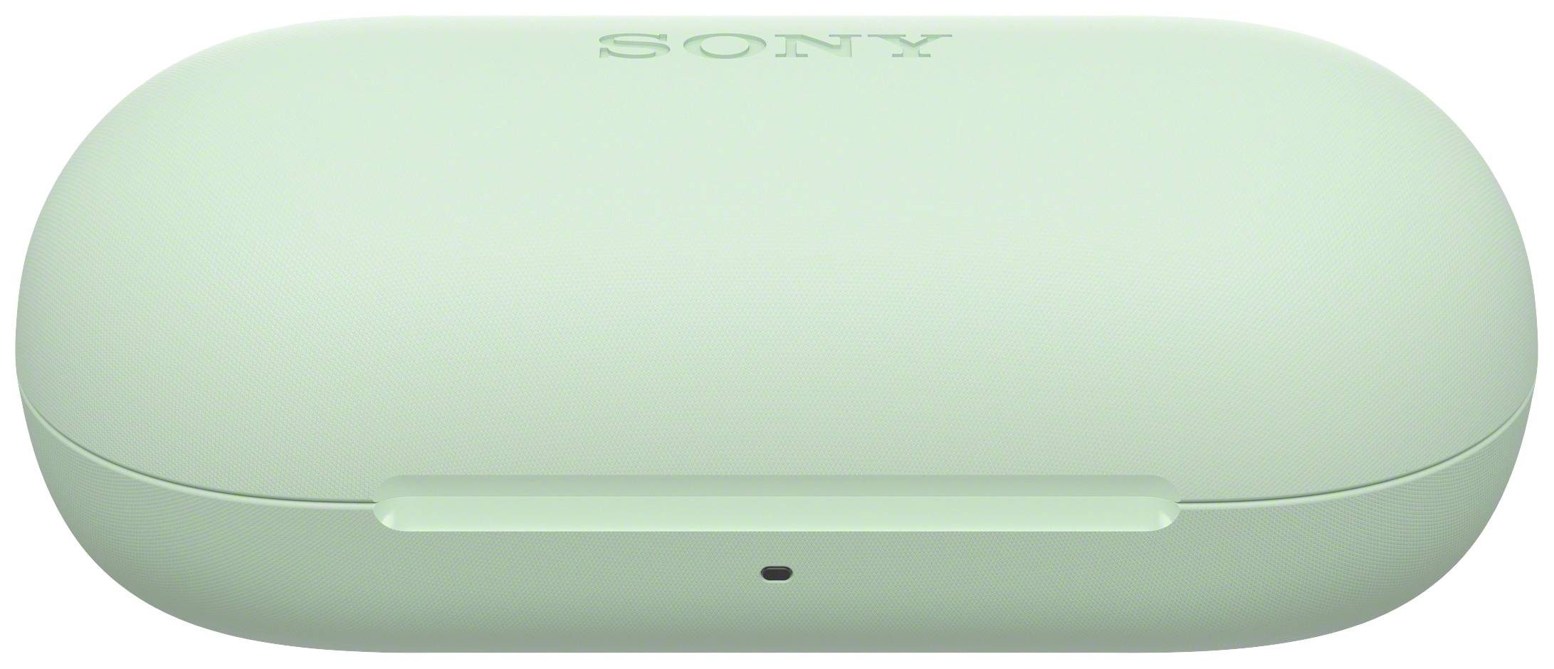 Green, oval case with 'SONY' logo on the top, likely a charging case for wireless earbuds, simple, minimalist design.