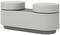 Grey Bluetooth speaker with two round speakers on top, modern design and smooth fabric cladding.