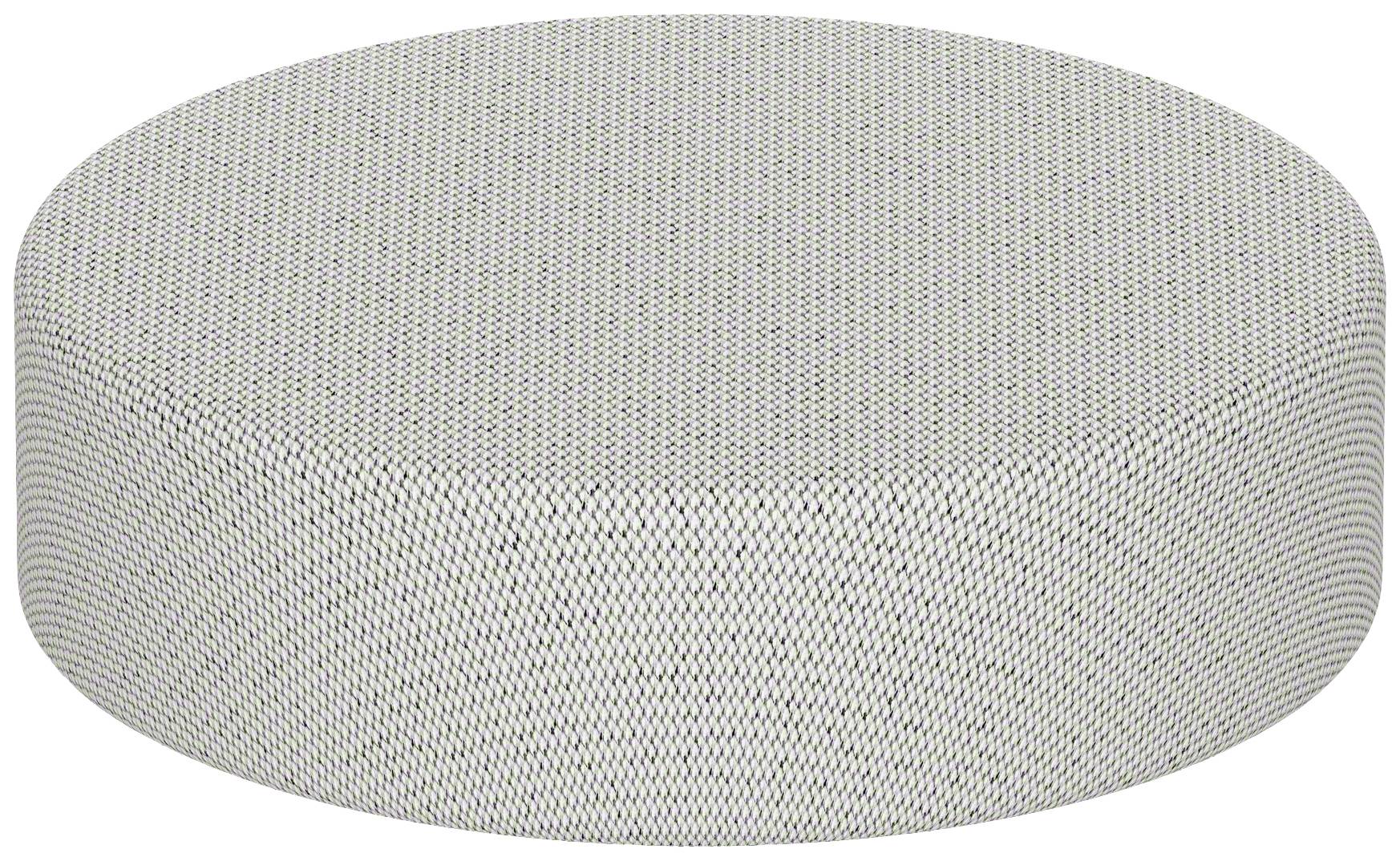 Round, grey fabric pouf with a delicate pattern.