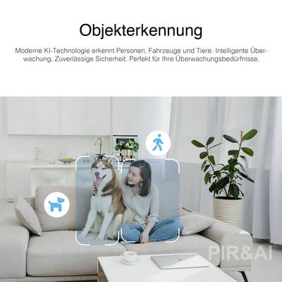 A woman is sitting on a sofa next to a dog. Overlaid symbols indicate object recognition, with icons for people and animals. Modern living room interior.
