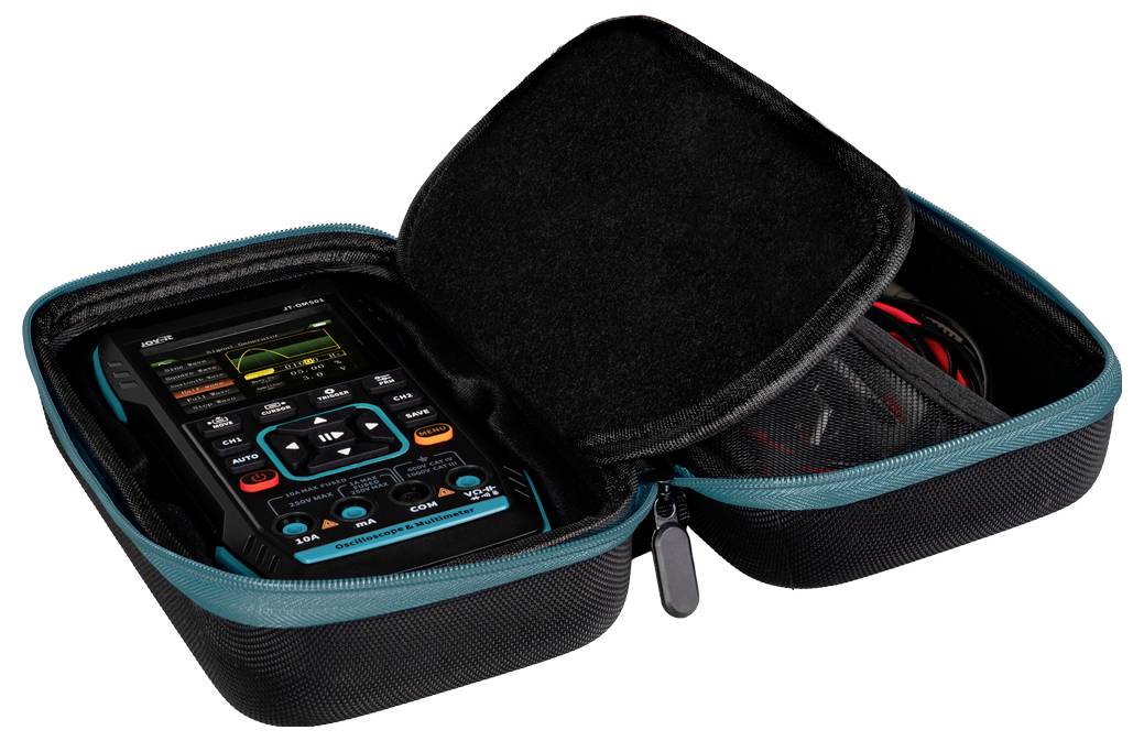 Portable oscilloscope in an open protective case with various controls and cables, displayed on a screen.