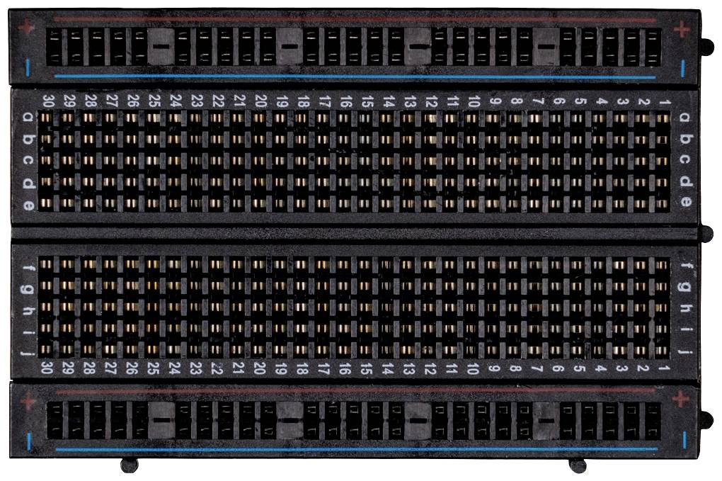 A black breadboard with horizontal and vertical plug rows, numbered from 1 to 30. Suitable for electronic circuits.