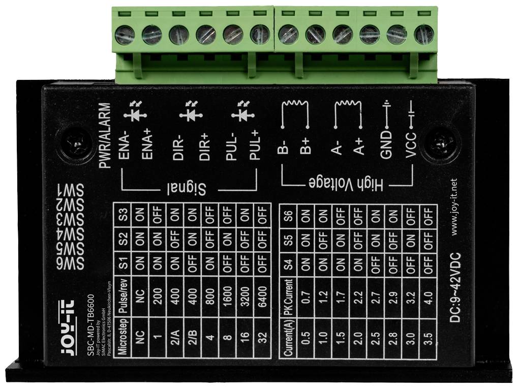 Electronic control unit with green connection terminals at the top and detailed labelling for settings, signal and voltage connections below.