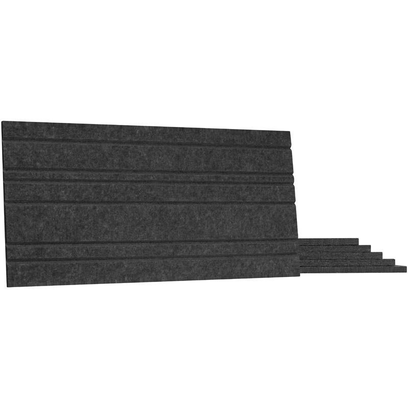 Dark acoustic felt panels with horizontal stripes, stacked at an angle. Suitable for sound absorption in interior spaces.