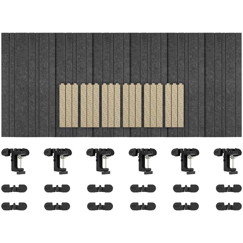 'Set of protective padding with mountings and adhesive strips for shock absorption. Contains multiple black cushions, clips, and strips.'