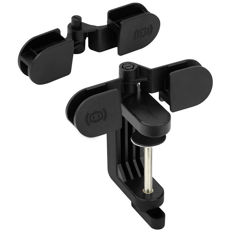 A glossy black table clamp in two parts: upper mounting bracket with a rotating screw, lower section for clamping onto table edges.