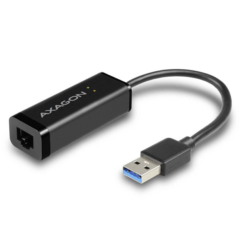 A black USB to Ethernet adapter with the inscription 'AXAGON'.