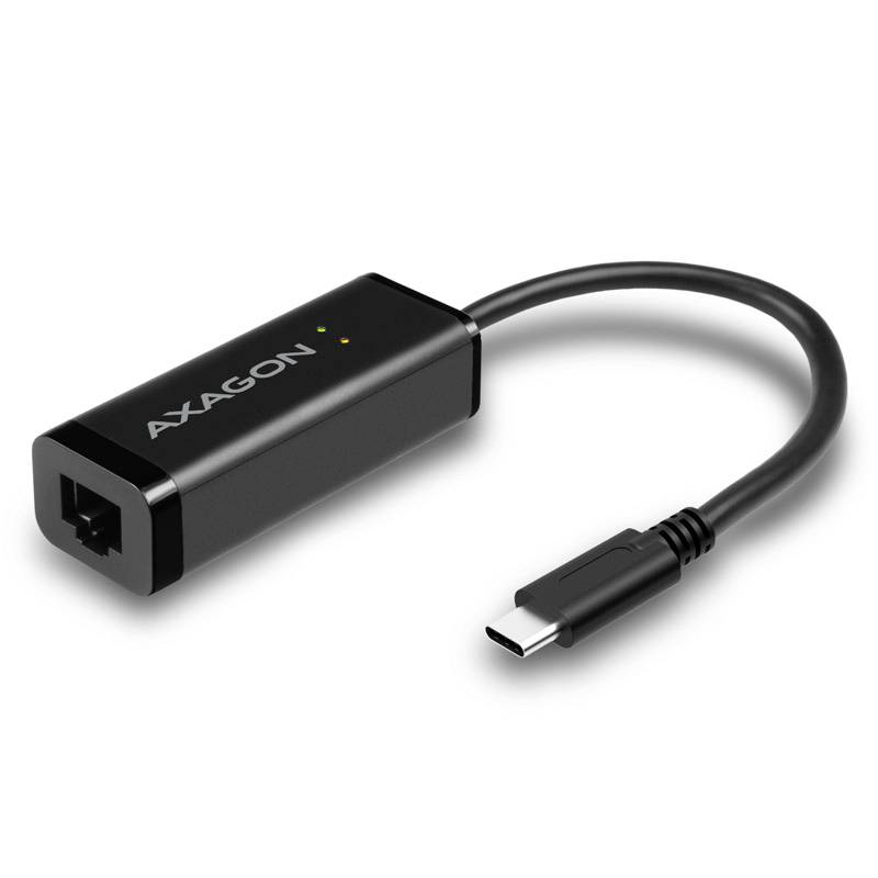 A black USB-C to Ethernet adapter by Axagon with yellow and green LED indicators.