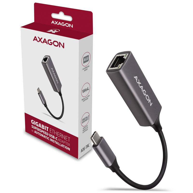 'AXAGON' Gigabit Ethernet Adapter beside its packaging, displaying the brand name and product details. Adapter is for USB-C to Ethernet connection.