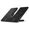 An adjustable laptop stand with ventilation slots for cooling, black, standing upright on a table.