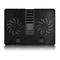 A black laptop cooler with two circular fans for improved ventilation. Designed for enhanced heat dissipation and noise reduction.