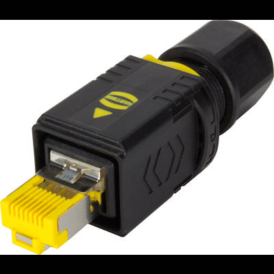 Yellow and black connector module with rectangular housing and RJ45 plug, suitable for industrial network applications.