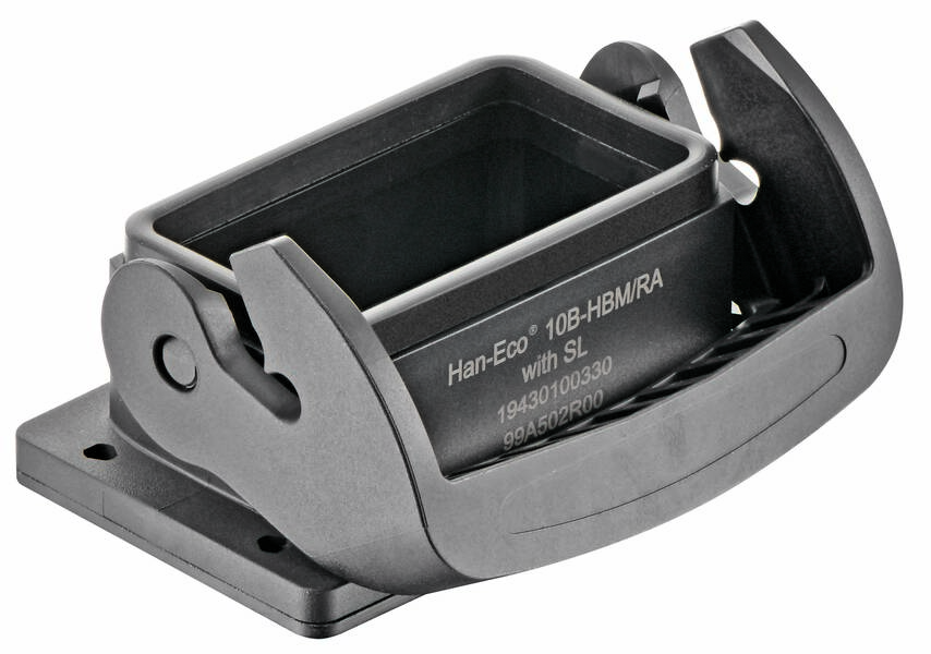 Industrial connector housing by Harting, dark grey, rectangular shape, hinged cover, text 'Han-Eco 10B-HBM/RA'.