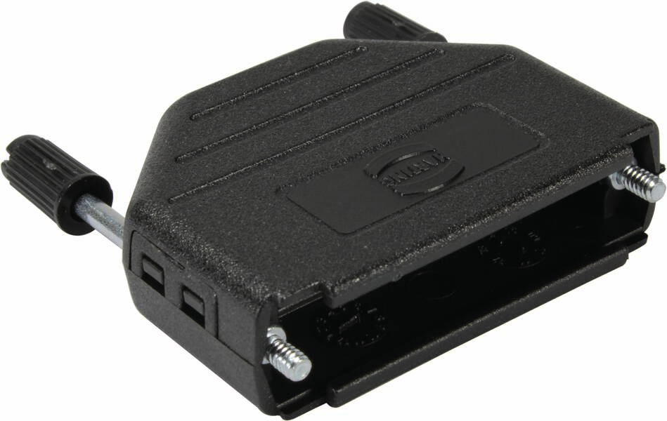 A black cable connection adaptor, rectangular with two metal screws on the sides, and ribbed plastic rotary knobs.