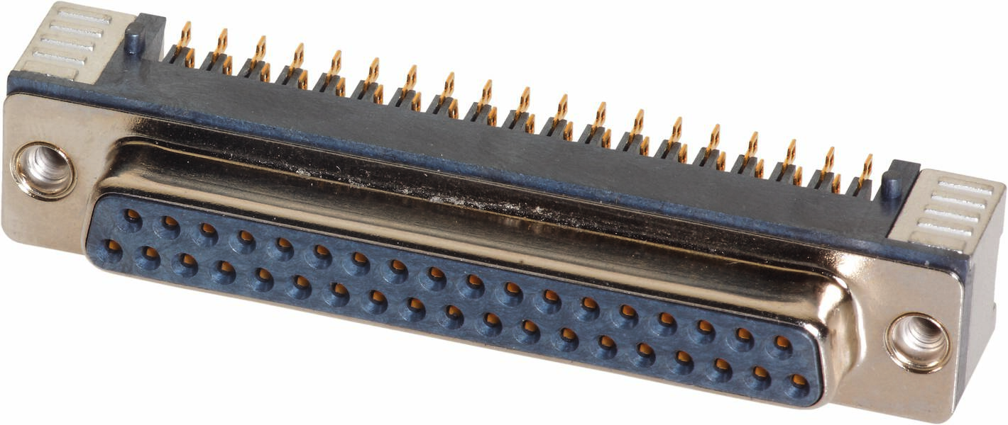 'Male DB-25 plug with 25 metal pins arranged in two horizontal rows, enclosed by a rectangular metal housing.'