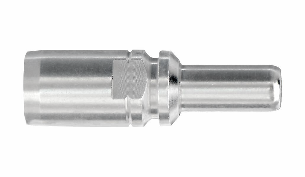 A silver metal pin with a cylindrical shaft and a ribbed central section, likely an electrical or mechanical connector.