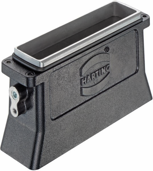Industrial rectangular black metal connector housing with a 'Harting' label on the side.