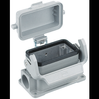 Metal enclosure with open cover, showing cable connections, robust design, typical for industrial applications.