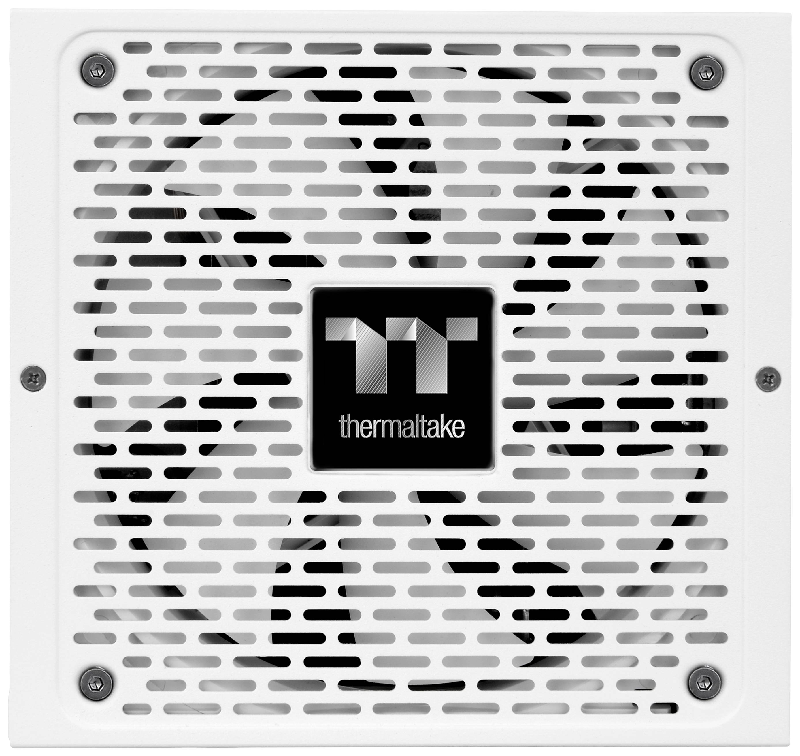 A white computer fan with a mesh pattern, featuring the 'Thermaltake' logo in the centre.