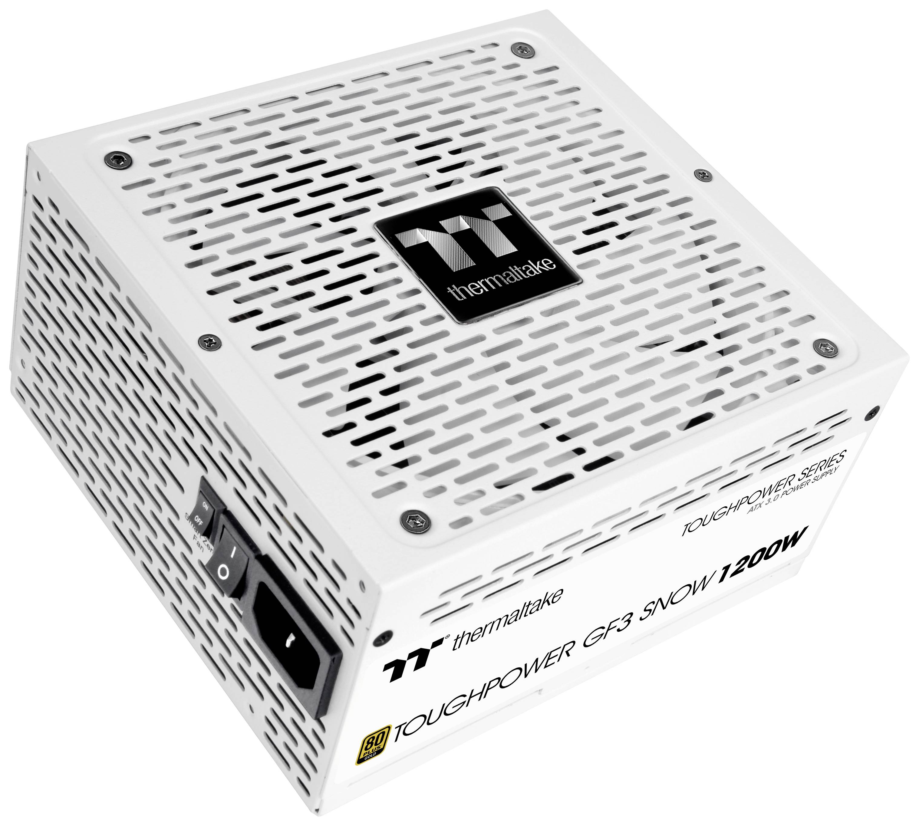 White Thermaltake TOUGHPOWER GF3 SNOW power supply unit with 1200 W output. Includes ventilation grille and switch on the rear panel.