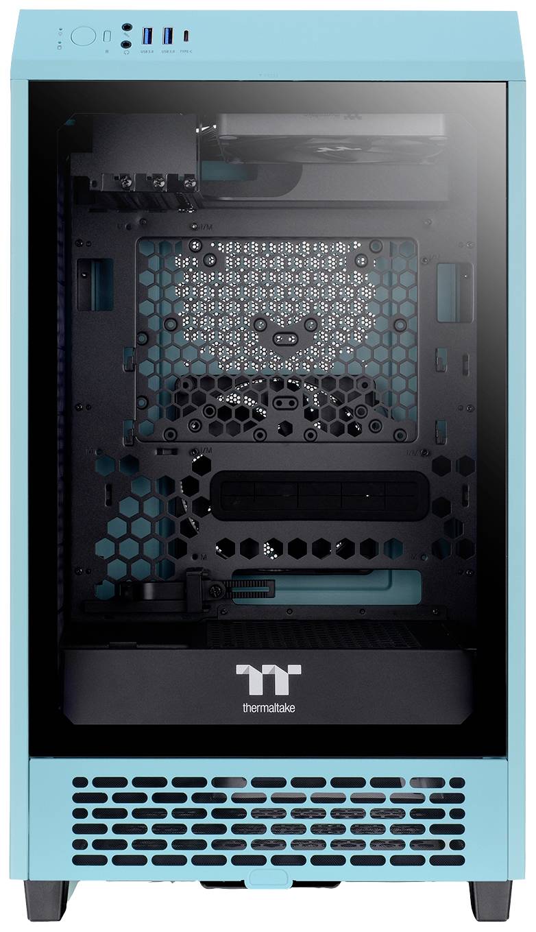 A turquoise computer case shows its front side with a mesh design. At the top, USB ports and buttons are visible.