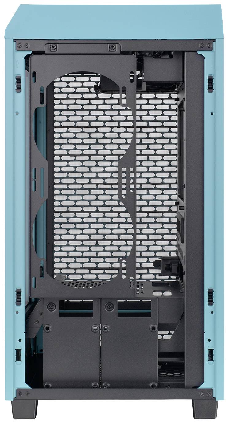 Turquoise computer case without components, featuring an open front grille design for optimal ventilation; suitable for PC enthusiasts.