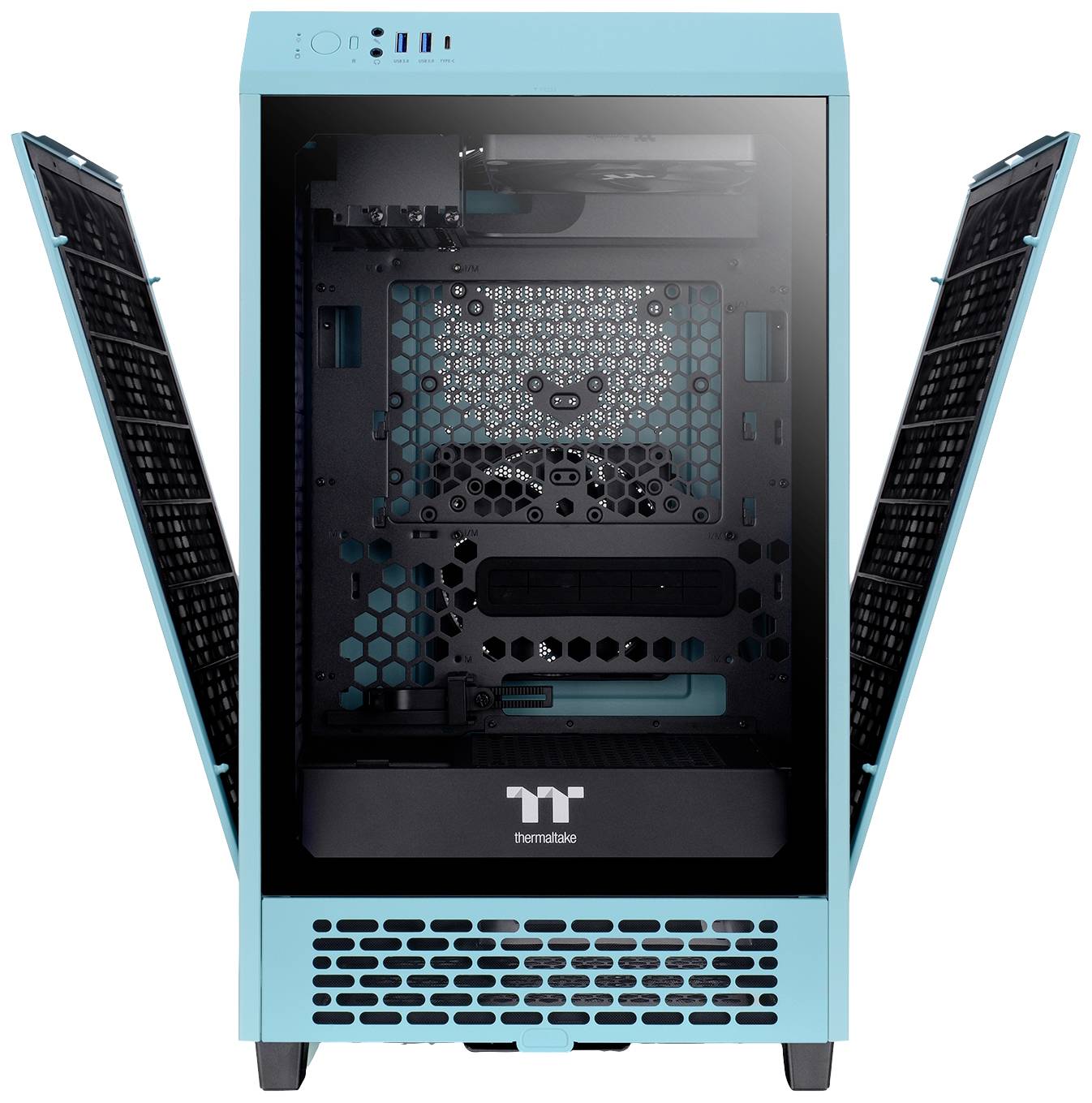 An open, empty computer case with blue accents and transparent side panels, revealing its internal components.